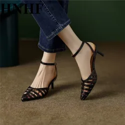 HNHF Black Pointed Sandals Summer 2024 New Women Niche Design Female One-line Button Hollow-out Roman High-Heeled Woman Shoes