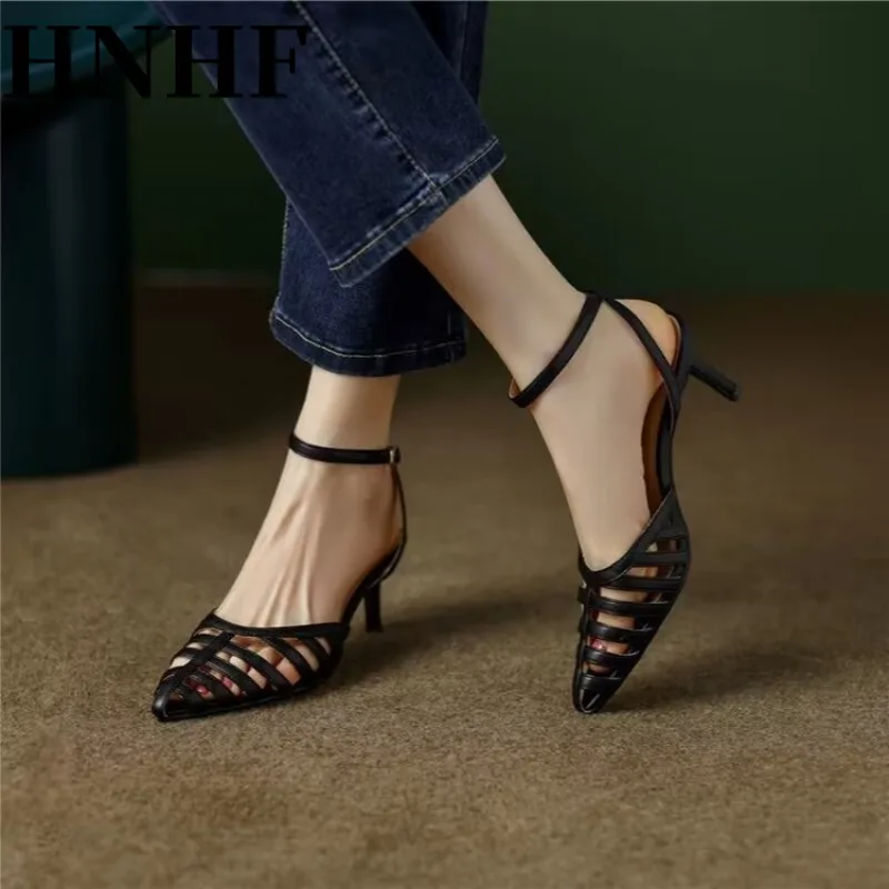 HNHF Black Pointed Sandals Summer 2024 New Women Niche Design Female One-line Button Hollow-out Roman High-Heeled Woman Shoes