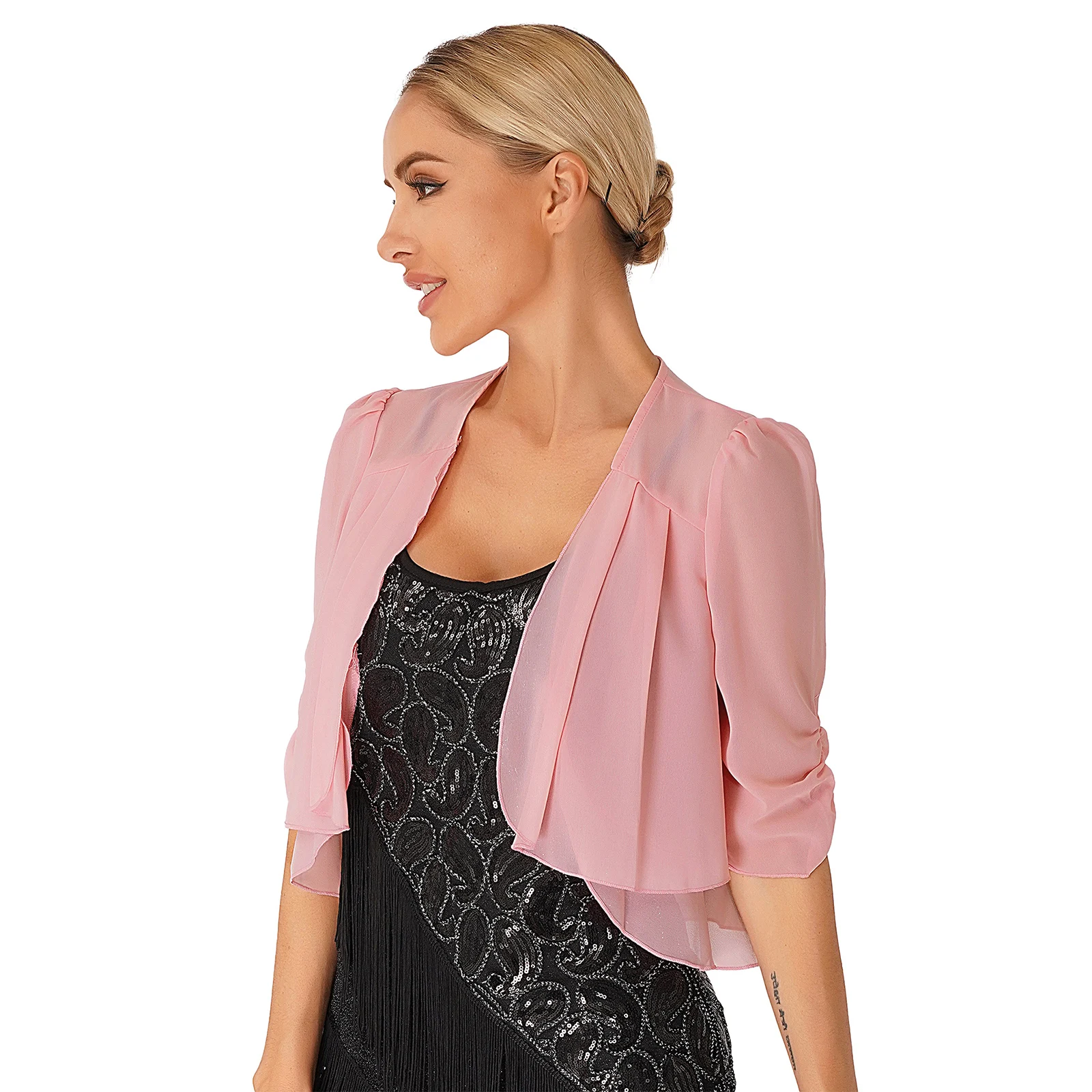 Bolero elegante con volantes para mujer, chaqueta de media manga de gasa de doble capa, cárdigan recortado, vestido de fiesta de boda de noche, chal