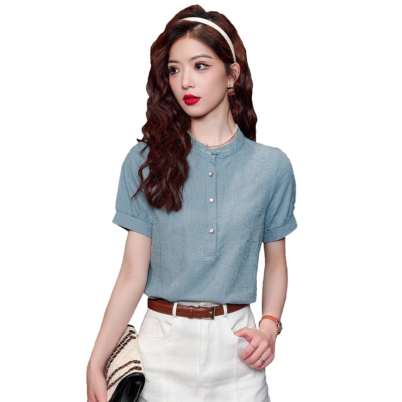 2024 Summer New Stand Collar Short Sleeve White Pink Blouse Women\'s Solid Color Shirt Tops