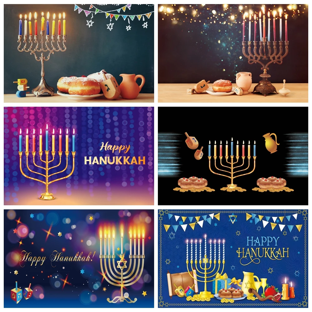 Judaism Happy Hanukkah Backdrop Photography Jewish New Year Candlestick Bread Family Party Decor Background Photo Studio Props