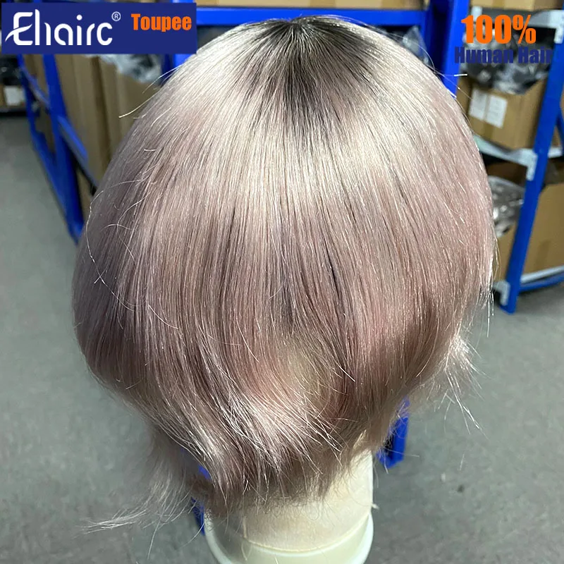 

Мужской парик-система замещения волос (тупе) дымчато-розового цвета с темными корнями, дышащий, из кружева и полиуретана, 6 дюймов