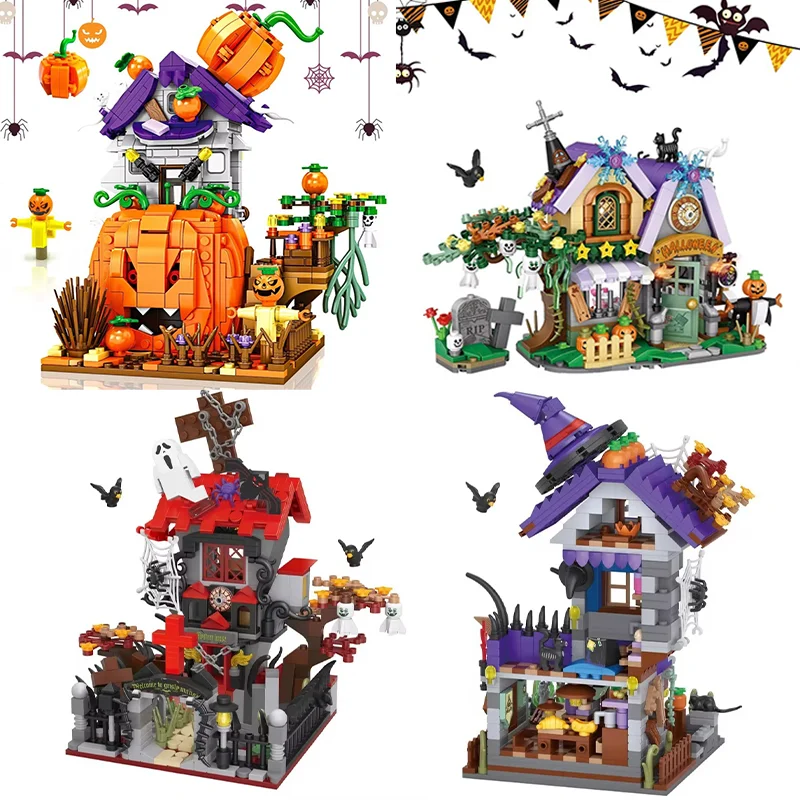 Halloween Set blok bangunan kreatif, Kit Dekorasi Rumah labu rumah hantu Halloween, hadiah pesta ulang tahun