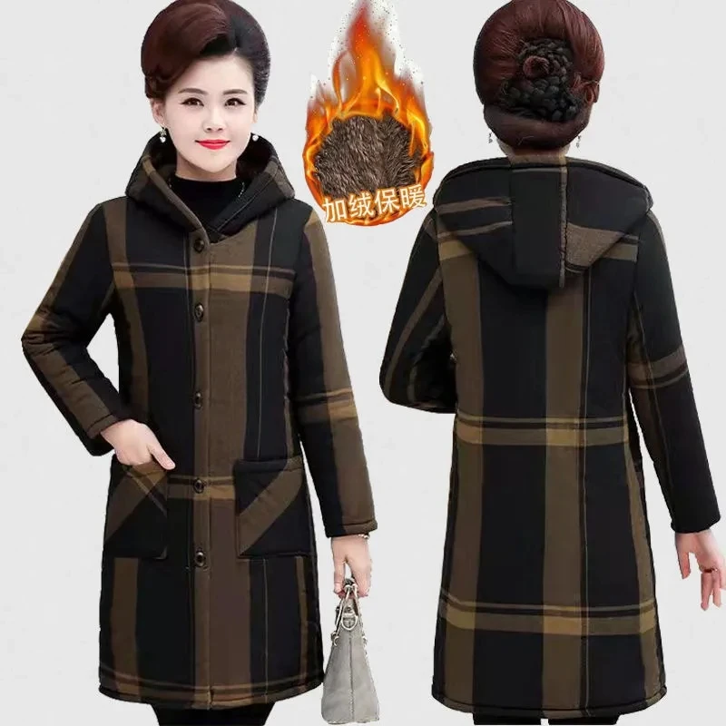 Middle-aged And Elderly Oomen's Fleece Cotton-padded Mother's Winter Long  Cotton-padded  Loose Large Size Warm Plaid Coat