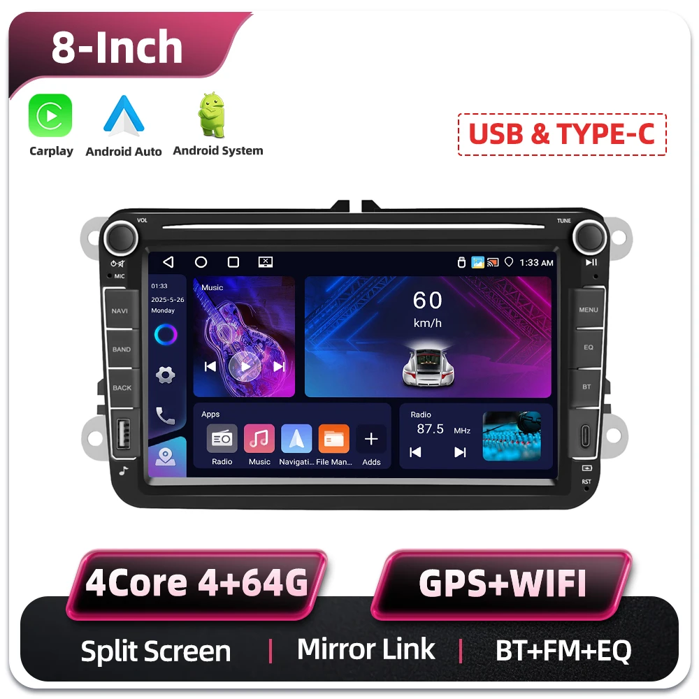 Podofo 8 Zoll 2 Din 6+128G/2+64G Auto-Multimedia-Player für Seat Altea/Toledo/Leon VW Golf/Pasta/Jatta/Bora/Scirocco Skoda Fabia/Yeti/Roomster/Praktic unterstützt Rückfahrkamera/KI-Sprachassistent GPS