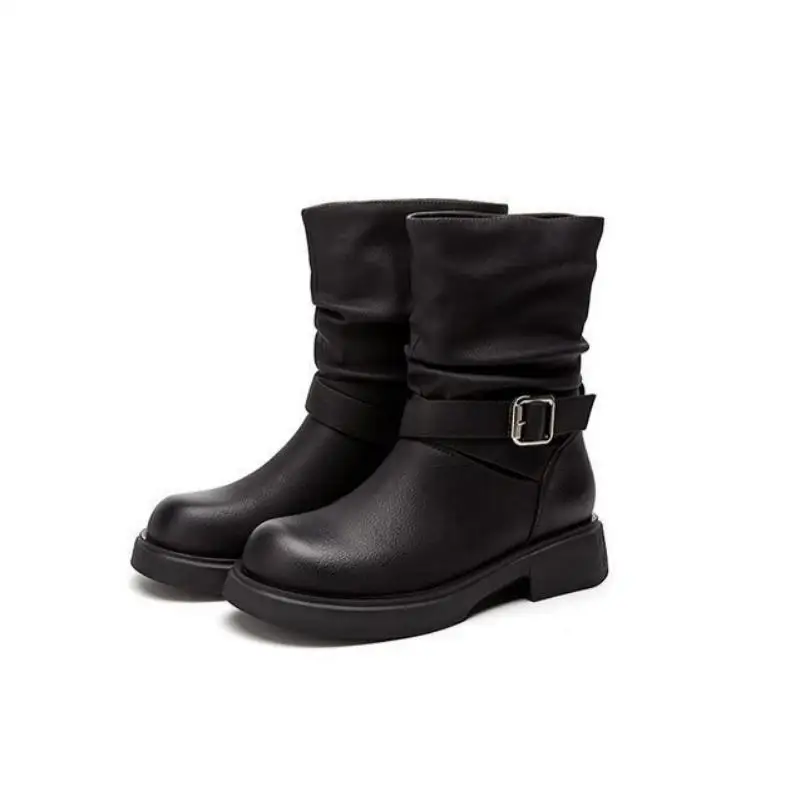 Botas de Media Caña Arrugadas para Mujer con Hebilla y Correa Punta Redonda Tacón Medio Botines Casuales sin Cordones Calzado de Piel Sintética Moda Otoño Zapatos Femeninos Cómodos Botas Cortas Elegantes