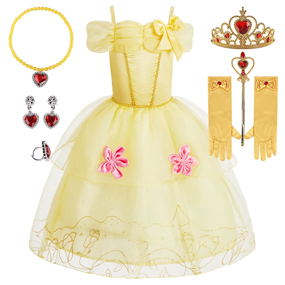 Crianças Princesa Estilo Cosplay Vestidos com Acessórios, Belle Meninas, Carnaval, Festas de Aniversário, Fancy Dance Performance Roupas