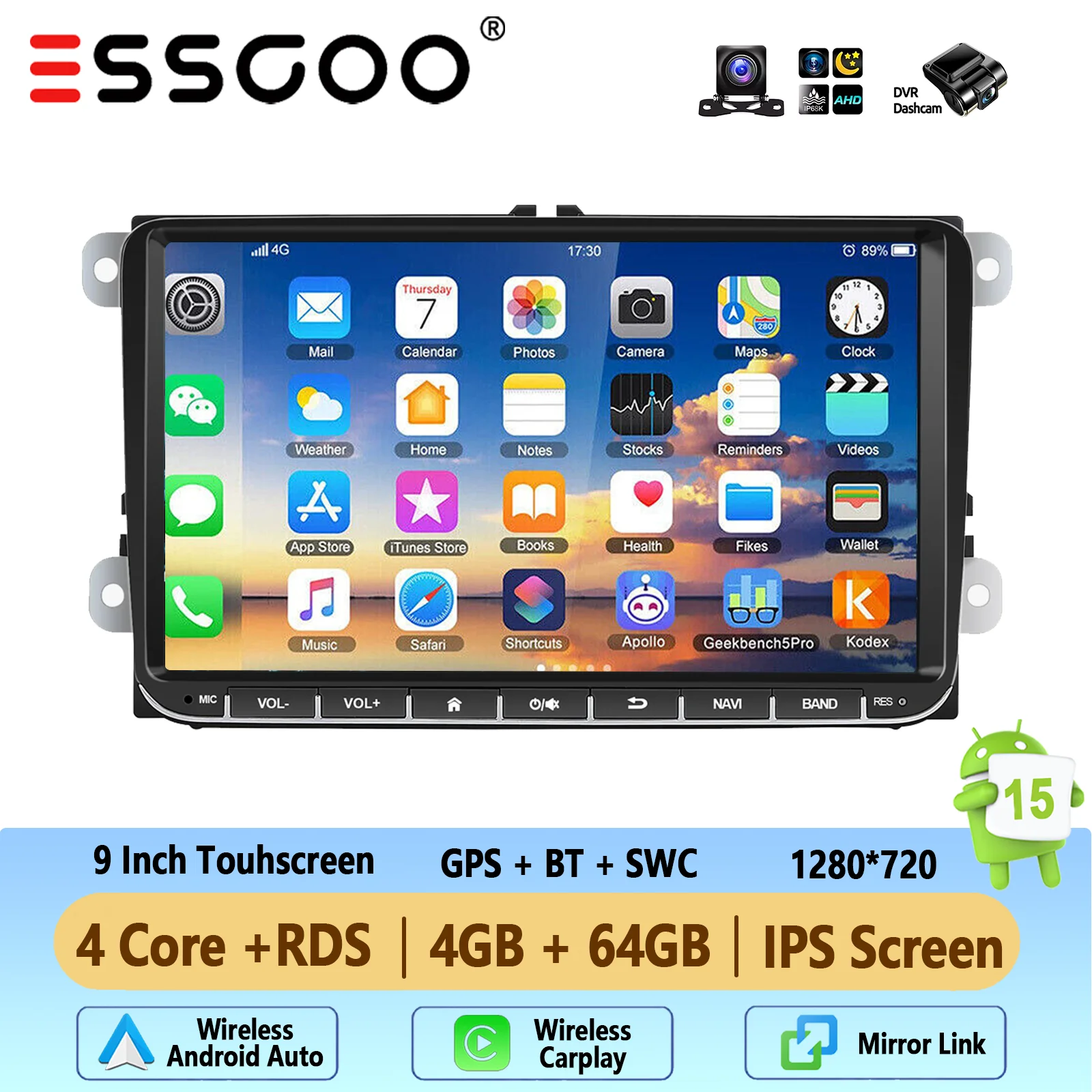 ESSGOO 9 inch Android 15 64GB autoradio voor VW Golf MK5 6 Passat Polo Touran Caddy EOS Jetta Seat Skoda met draadloze Carplay GPS navigatie BT