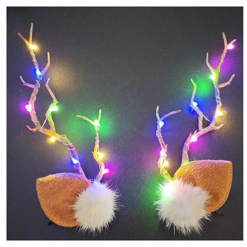 LED Christmas Antler Headwear for Women Glowing Elk Horn Hair Clip Christmas Gift Elk Hairpin with Lights Navidad Decor