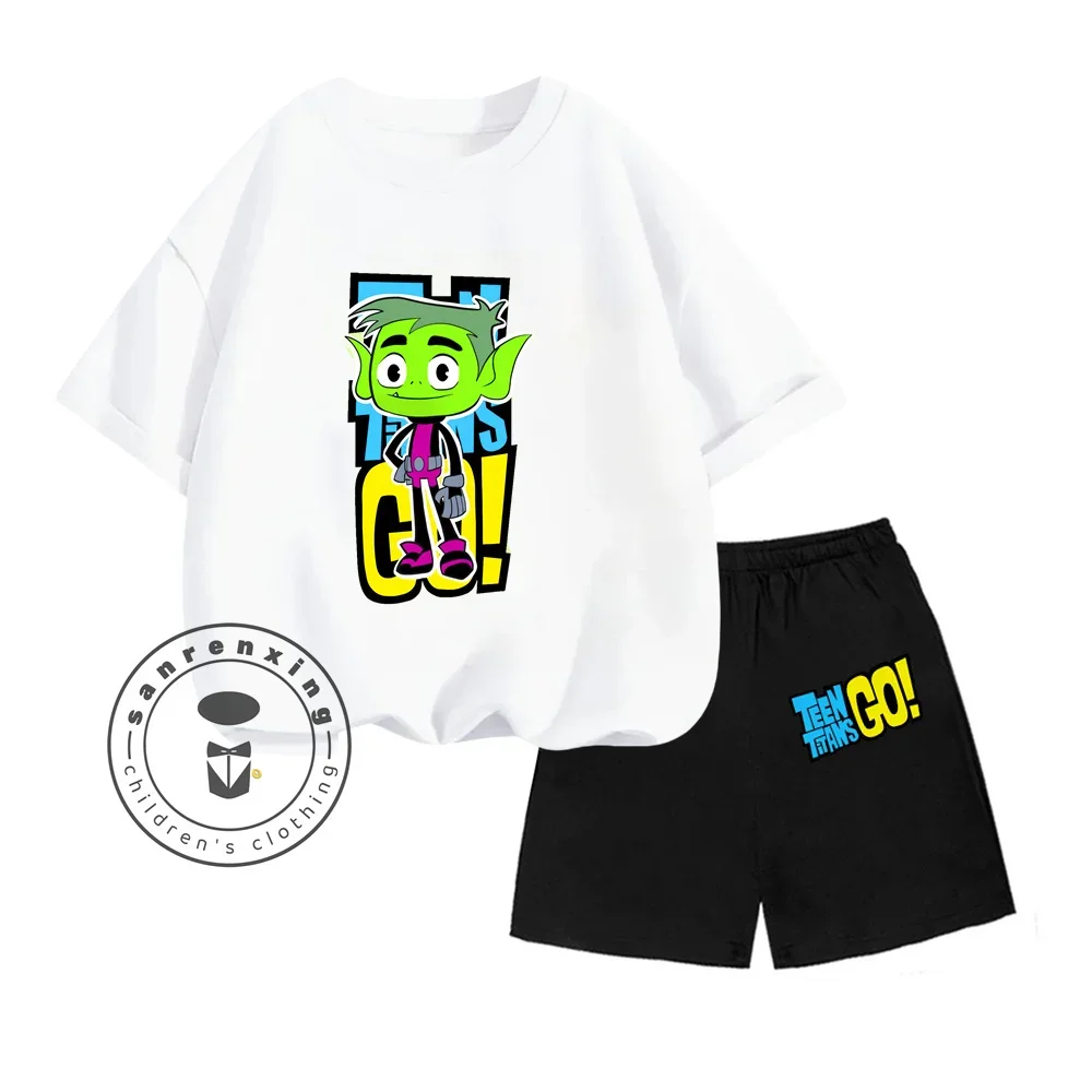 Summer Hit Animated Teen Titans Go! Beast Boy Character Print Design Soft Short Sleeves and Stretchy Shorts Children's Suit