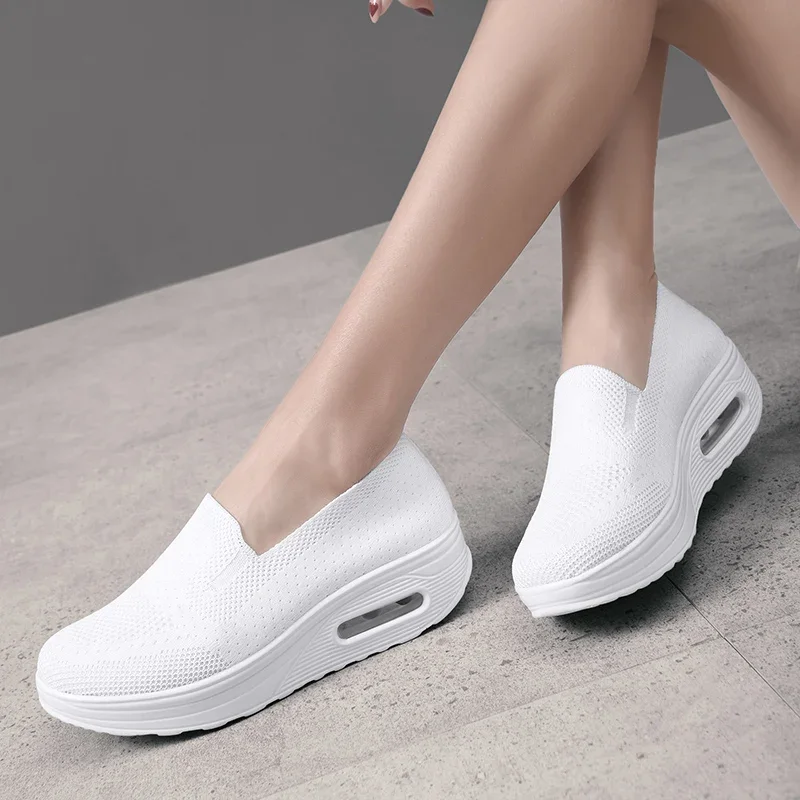 Women Thick Sole Heightened Flats Casual Sneakers Women Summer Breathable Walking Shoes Ladies Hollow Out Non-slip Wedges Shoes