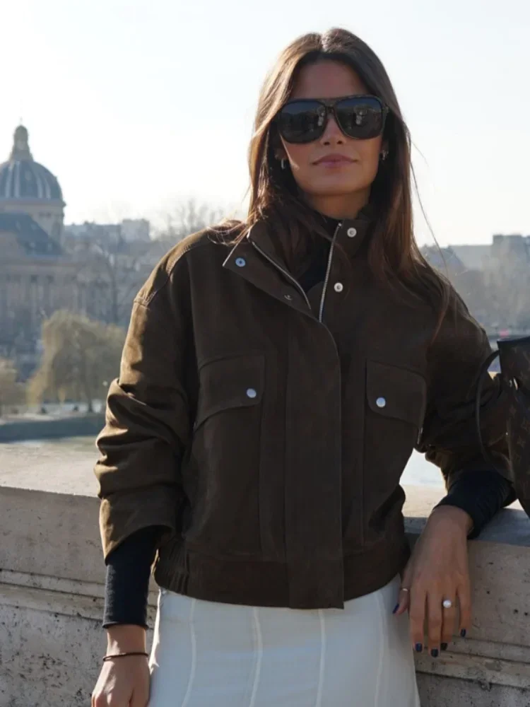 

Vintage Suede Stand Collar Short Jacket Fashion Pocket Full Sleeves Loose Lady Coat New Autumn Winter Commuter Streetwear 2025