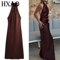 HXAO vestido largo de satén con cuello Halter para mujer, vestido Midi marrón con espalda descubierta atado, vestidos de fiesta con hombros descubiertos, vestido de noche plisado