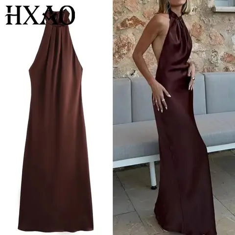 HXAO Abito lungo in raso con scollo all'americana Abito longuette marrone senza schienale legato da donna Abiti da festa estivi con spalle scoperte Abito da sera pieghettato