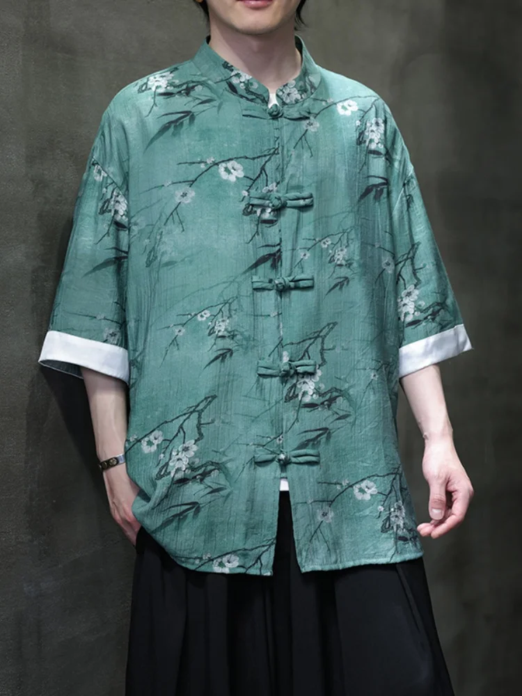 

Мужская летняя тонкая рубашка с коротким рукавом, с цветочной вышивкой, на пуговицах, в стиле ханьфу, новая китайская мода, свободный крой
