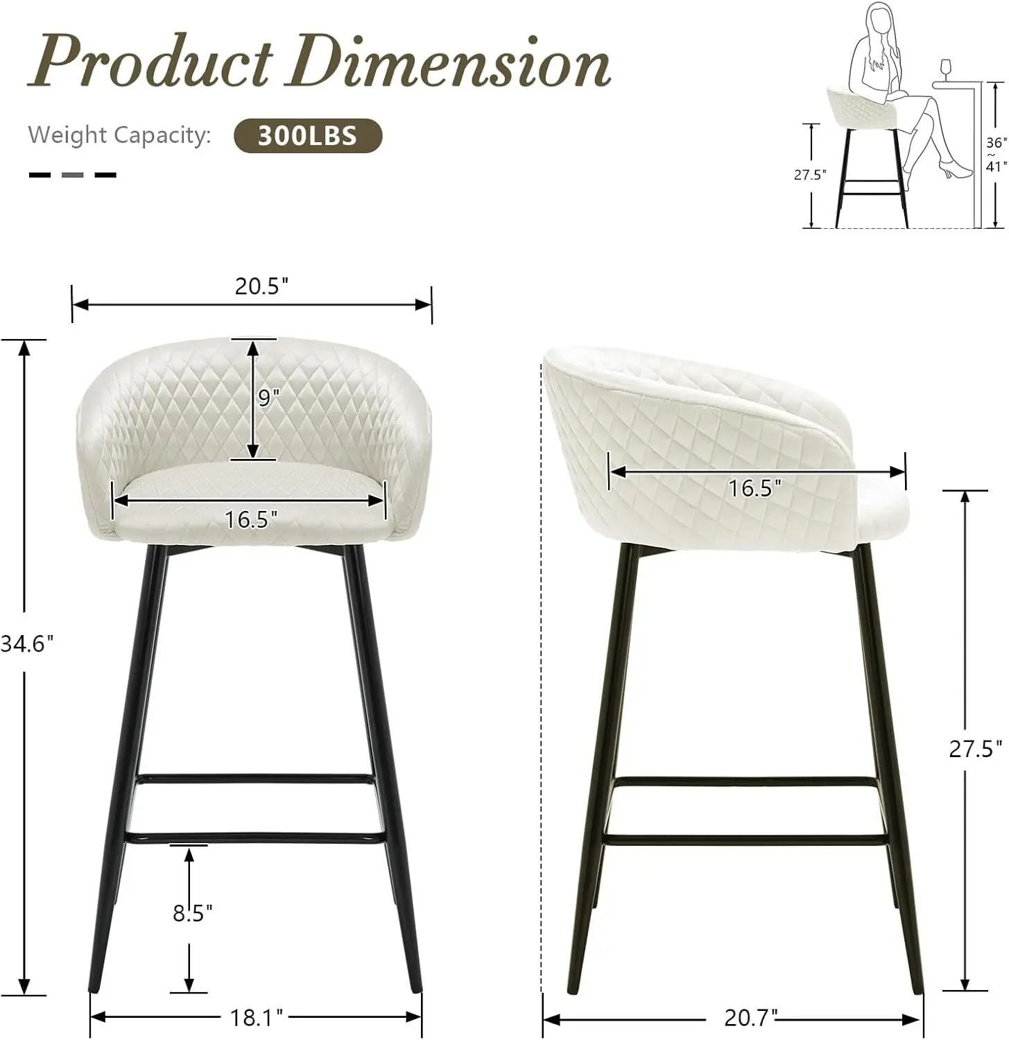 Counter-Chaise de bar moderne avec dossier bas et bras, tabourets coiffés en velours, 27.5 po, ensemble de 2