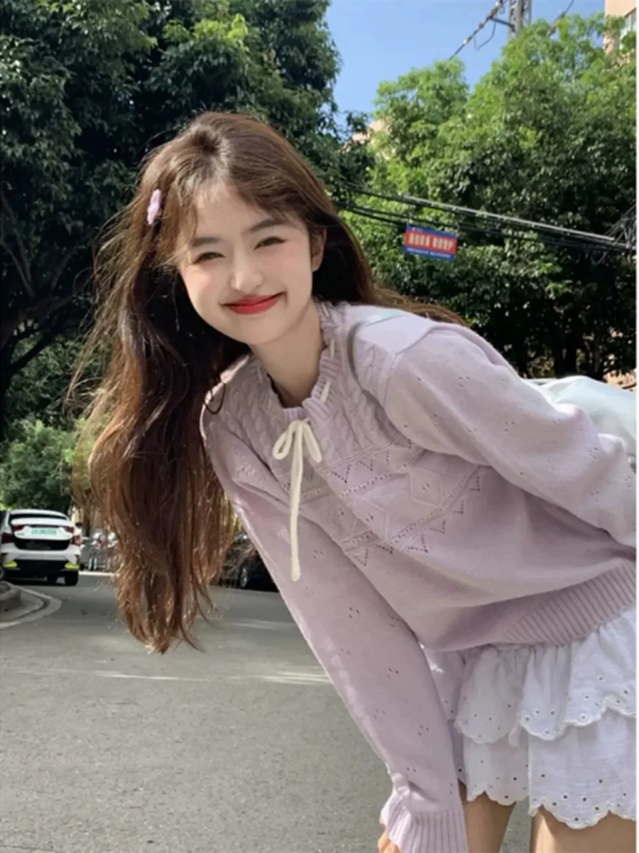 

Корейский милый мягкий вязаный свитер на шнурке, женский осенне-зимний антивозрастной универсальный мягкий уютный свитер