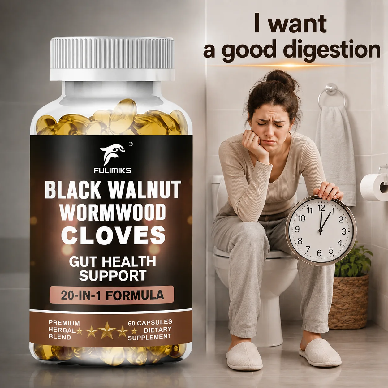 Black Walnut Wormwood & Cloves Capsules, 20-in-1, Promote Digestive Balance & Gut Comfort, Antioxidant Protection,Immune Support