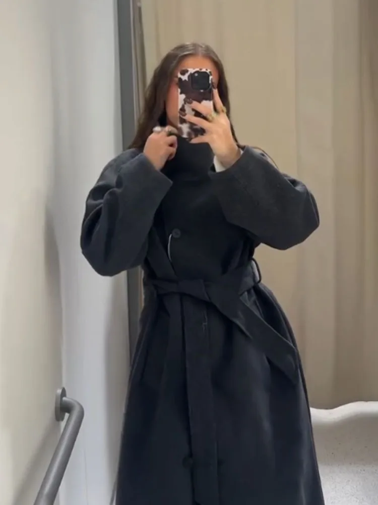 HH الشتاء معاطف النساء الأنيقة الصلبة عالية الياقة طويلة الأكمام جيوب حزام الديكور واحدة الصدر الإناث معطف طويل فضفاض