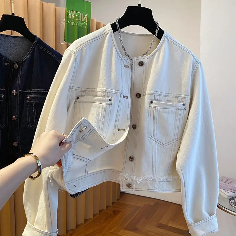 Women's White Cropped Denim Jacket, Collarless Button-Down Jean Coat with Pockets, Casual Short Outerwear