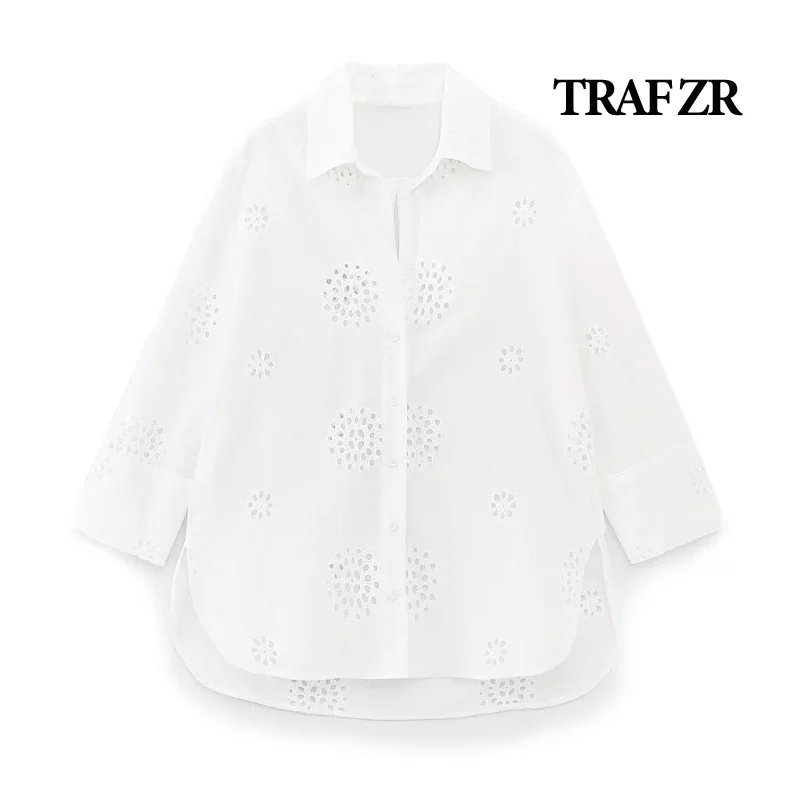 TRAF ZR Cotton Elegant and Youth Woman Blouses Casual Vintage Office Lady Long Sleeve Embroidery Y2k New In Fashion Female Tops