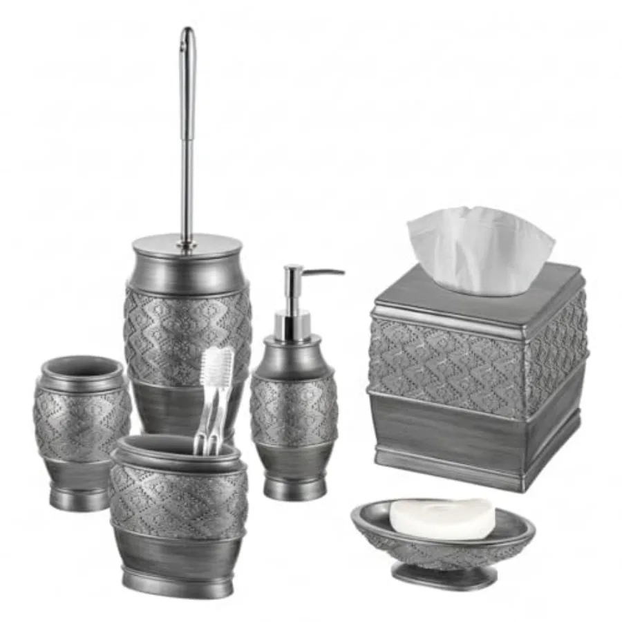 

Brushed Silver 6 Piece Bathroom Accessories Set for Dublin Silver Complete Bathroom Kit with Toilet Brush and Holder Tissue Cov