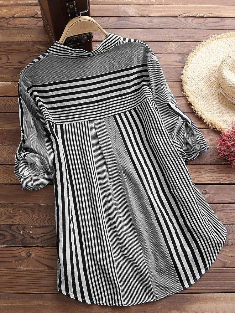 Women\'s Spring Fall Cotton Linen Long Sleeves Roll Up Striped Casual V Neck Button Down Shirts Blouses Collar Tunic Tops