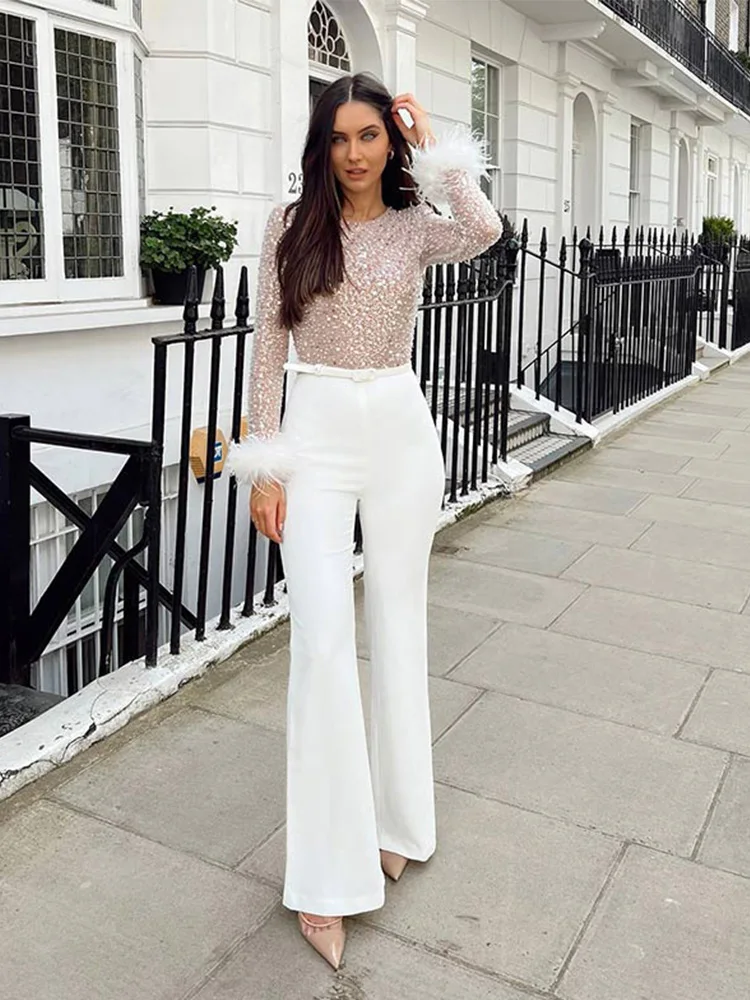 2024 Spring Women Elegant Causal Feather-paneled Sequined Faux Pearl Jumpsuit Long Sleeve Top Flared Trousers Two Piece Sets