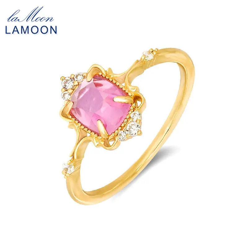 LAMOON Pink Corundum Princess Ring For Women Vintage Engagement Court Style 925 Sterling Silver Gold Plated Fine Jewelry