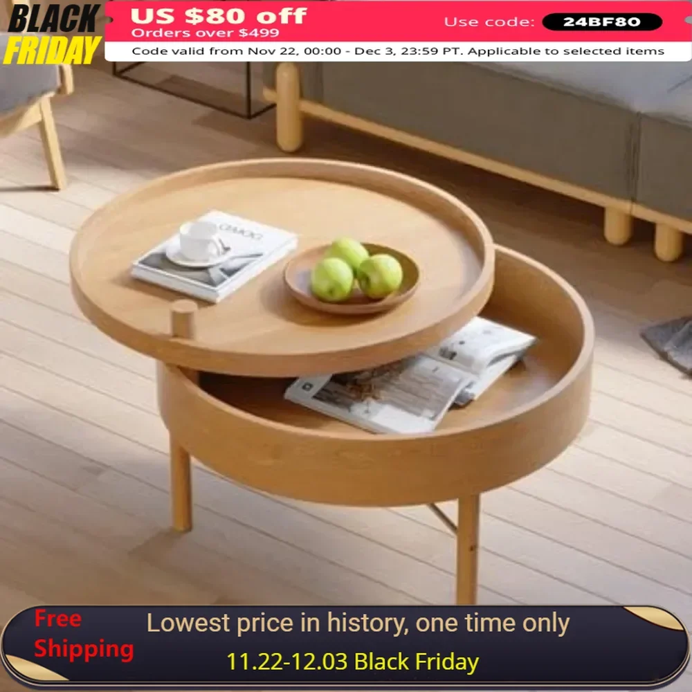 Coffee Table with Hidden Storage, Solid Wood Legs, Metal Support Frame, and Swivel Top, Round Rotating Coffee Table