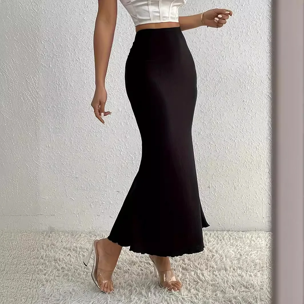 Jupe noire élégante à ourlet sirène pour femme, taille haute, froncée, club, fête, mode Y2K, jupes maxi, streetwear, été, 2024