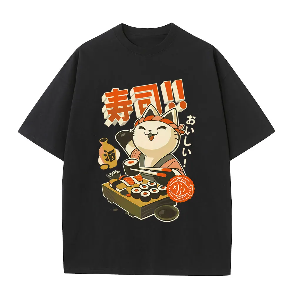 

Sushi Cat Graphic T-shirt Men Women Funny Vintage Japanese Style T Shirts Men's Cotton Casual Oversized Short Sleeve T-shirts