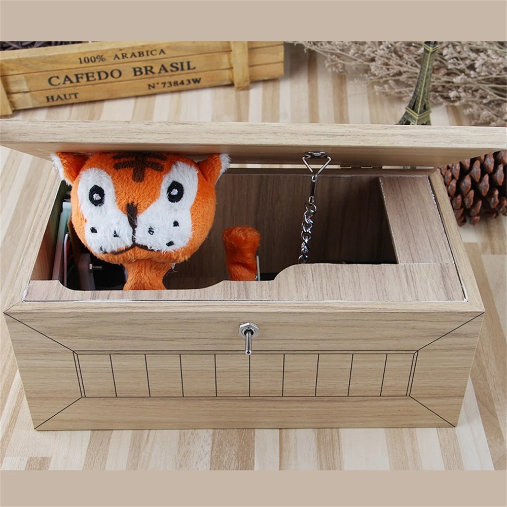 Wooden Boring Box Little Tiger, Don't Touch Useless Box, No Sound, Creative Fun Trick Toy, 3 Pcs AA Batteries not Included