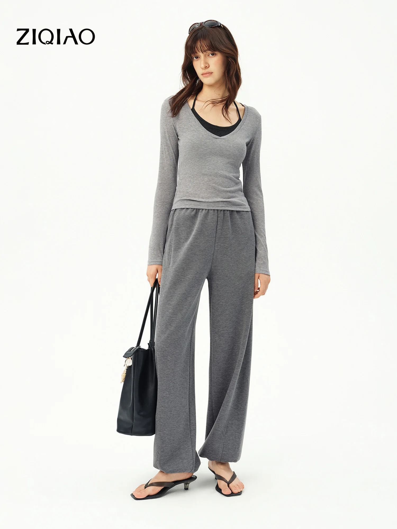 ZIQIAO 2026 Fall Women's Effortless Relaxed High Waist Wool Knit Pants with Diagonal Seam - Chic Casual Trousers for Daily Wear