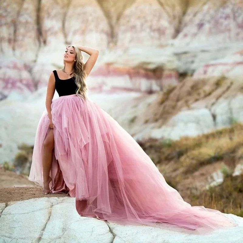 

Stunning Pink Bridal Wedding Skirt Extra Puffy Long Train Maxi Prom Skirts for Party Wear Elastic Long Skirt for Photo Shoot