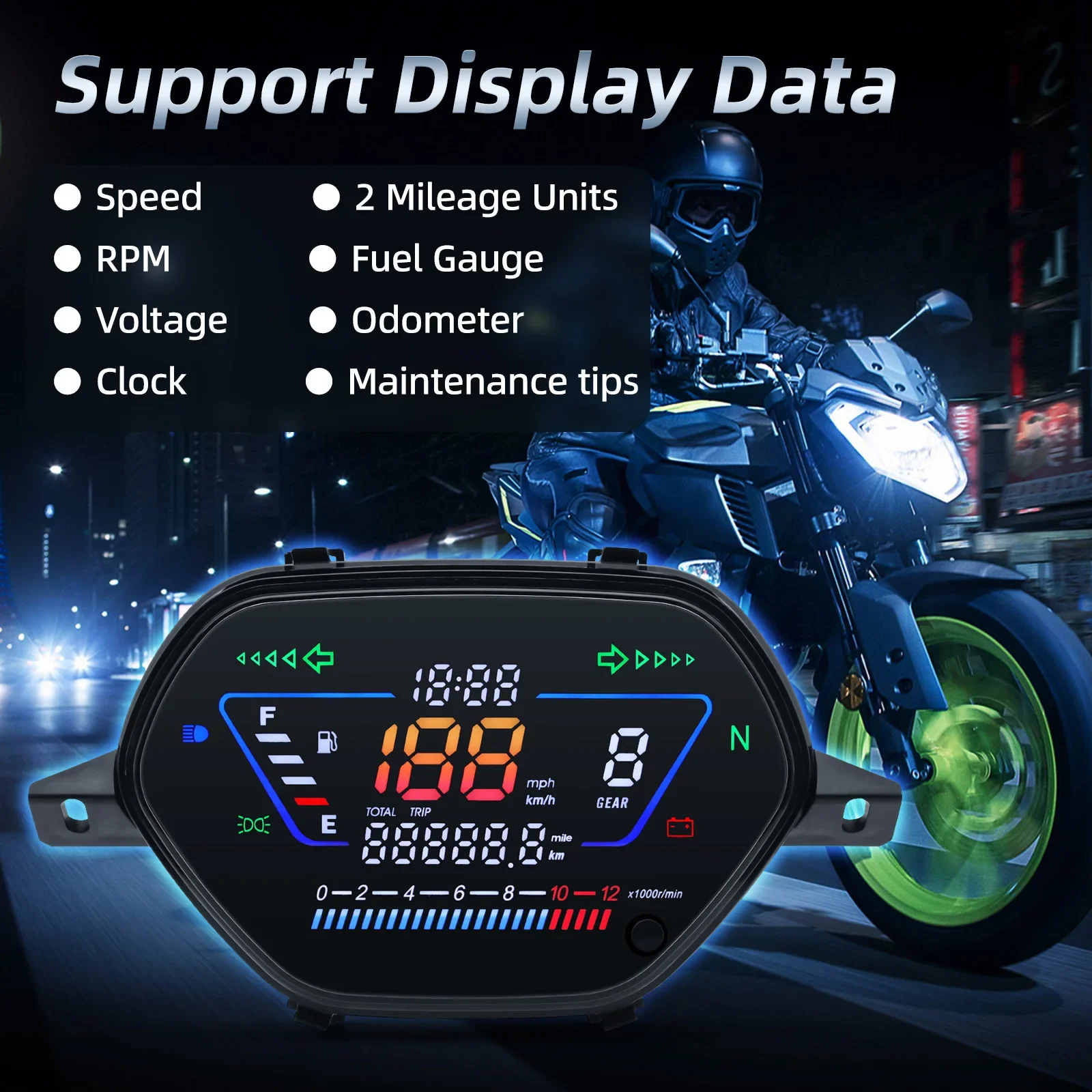 

12v motorcycle voltmeter Digital LCD speedometer Turn signal tachometer odometer Motor instrument, suitable for 1-4 cylinders