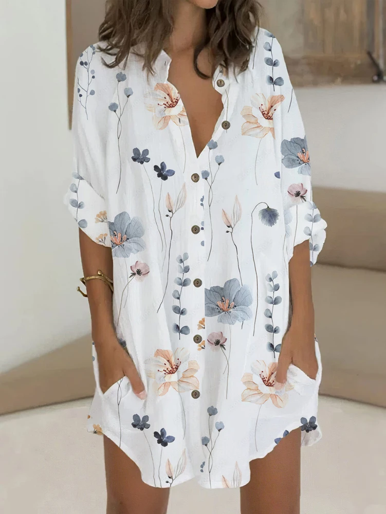 

Plus Size Summer Women's Shirt V-neck Random Print Single Row Button Fashion Casual Loose Polyester Home Office Holiday