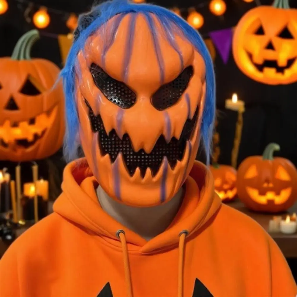 واقعية هالوين اليقطين قناع الإبداع البرتقال اليقطين قناع الوجه الكامل مع شعر مستعار مضحك مخيف شبح القبعات حفلة تنكرية