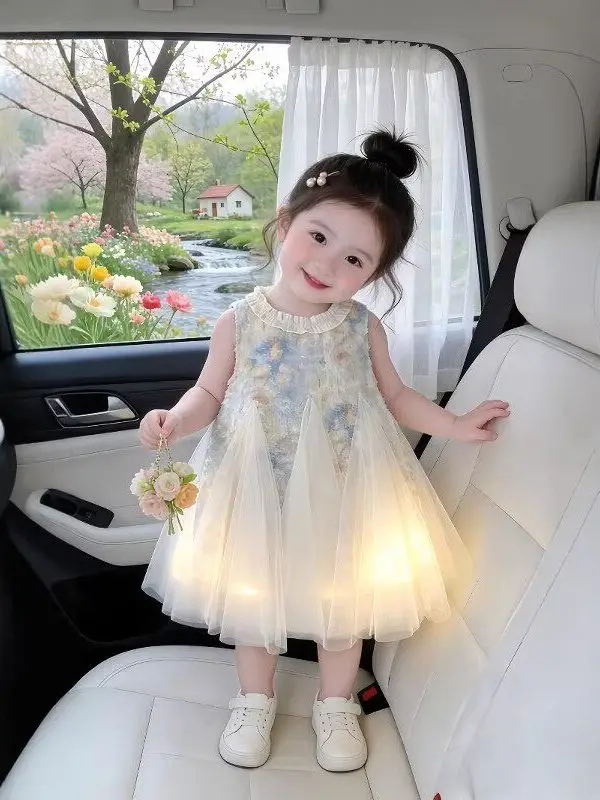 スイートガールズレースドレスノースリーブ誕生日ガールズベビー-プリンセスドレス子供服夏新作ミディスカート