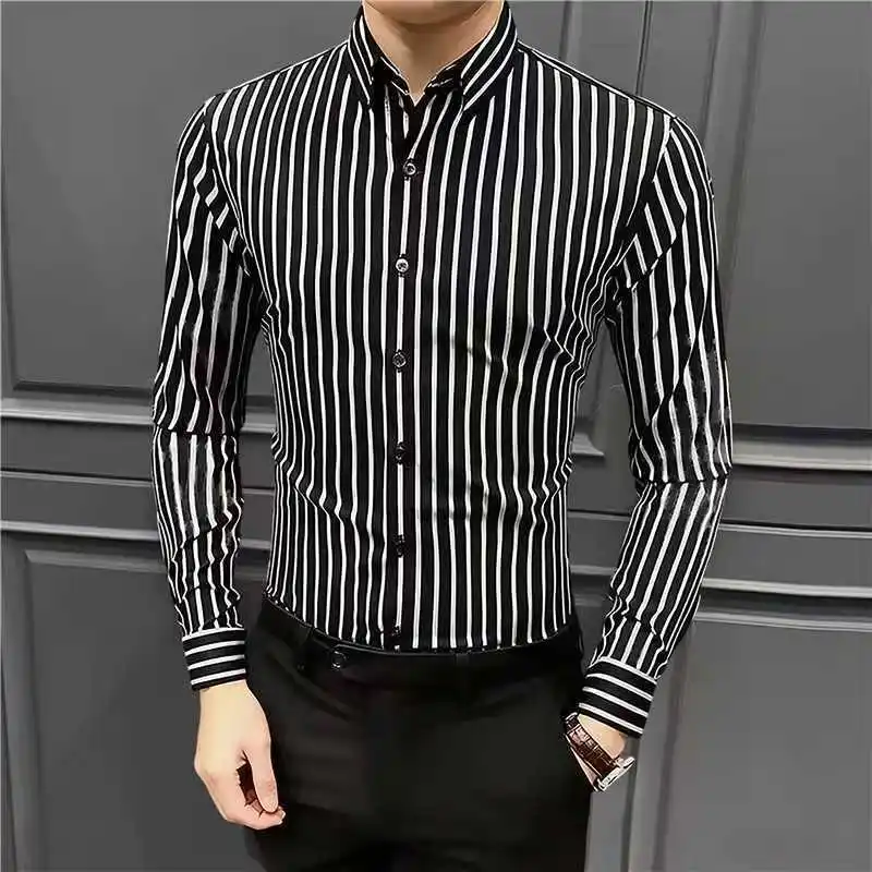 Spring Autumn Thick Fleece Lined Men's Striped Long Sleeve Shirt Business Casual Slim Fit Korean Style Trendy Top for Young Men
