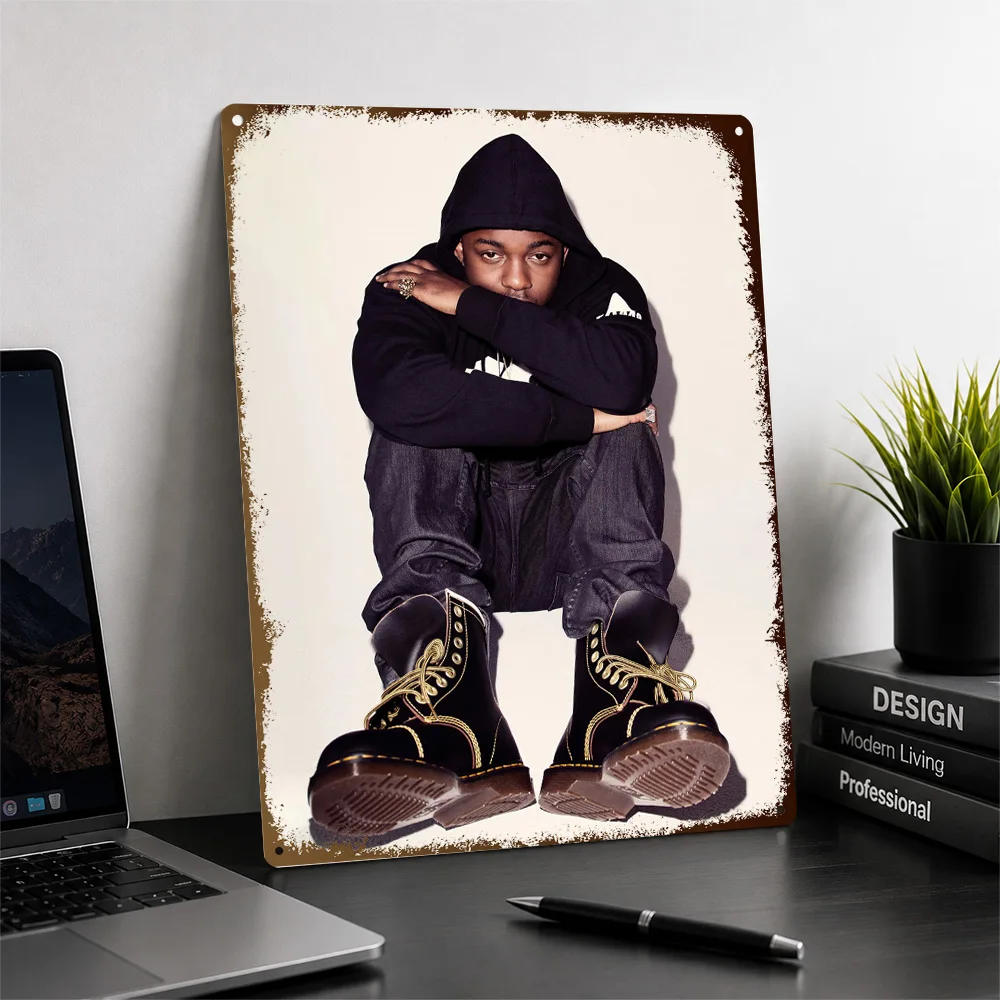 Kendrick Lamar In Black Hoodie And Boots Aluminum Poster Customized Metal Tin Sign Album Era Tribute Wall Art Enhances Bedroom