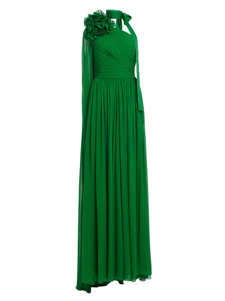 Elegante Groene Avondjurken 2023 Hoge Hals Bloemen Chiffon Plooien Formele Prom Jurken Celebrity Style Robe De Soirée