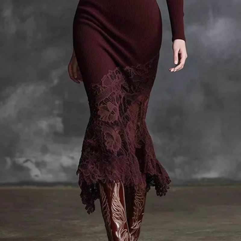 Sukienka damska z golfem, patchworkiem i koronką, długa, seksowna, obcisła, podkreślająca biodra, elegancka sukienka na imprezę z długim rękawem, jesień, vestidos