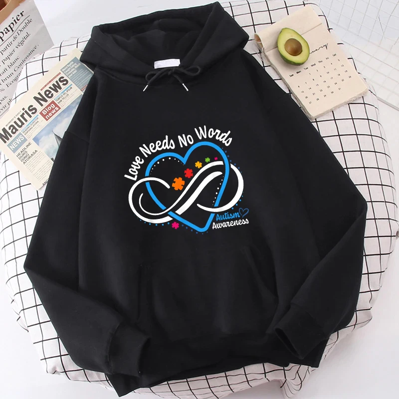 Woman Hoodies Autism Awareness Love Needs No Words Infinity Hooded Autism Awareness Month Outerwears Long Sleeve Sweatshirts