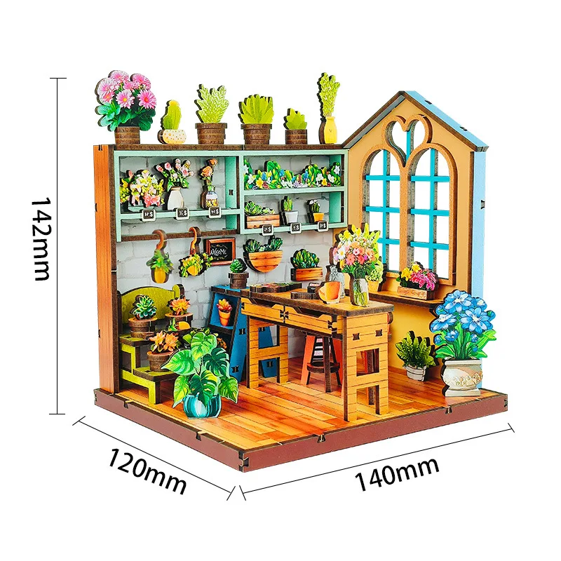 OUZEY Floral Art Shop Book Nook, drewniana miniatura 3D do samodzielnego montażu, kreatywny prezent na biurko dla nastolatków