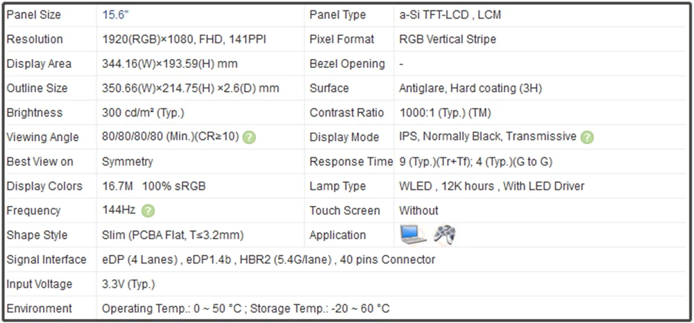 15,6 inch LCD Screen Panel FHD 1920x1080 141PPI EDP 40pins IPS Dünne Blend Nicht-touch 300 cd/m² (Typ.) 100% sRGB LP156WFG-SPP1