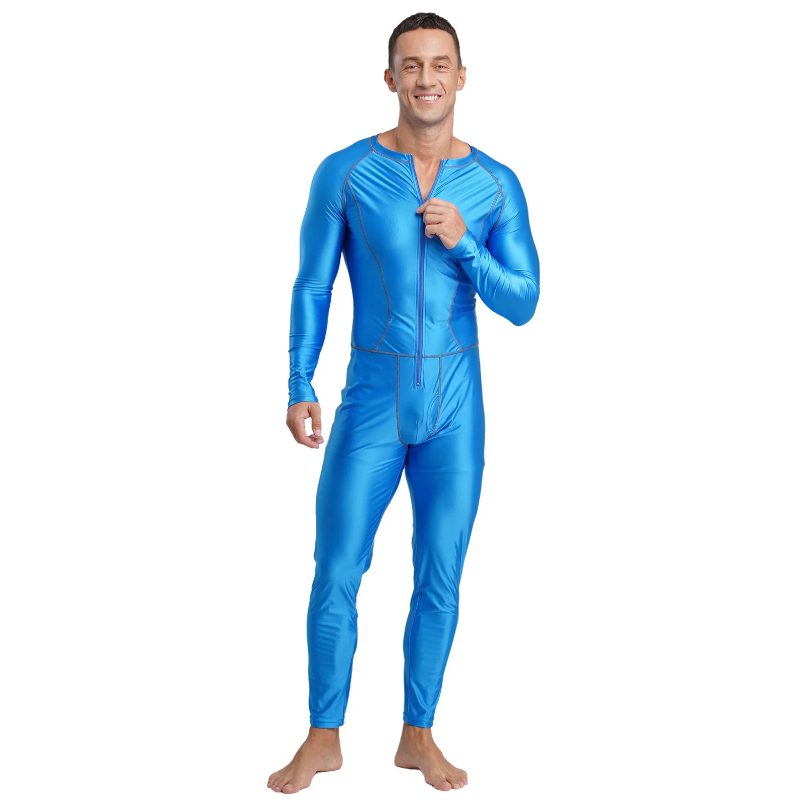 

Men Glossy Slim Jumpsuit Outer Flat Seams Long Sleeve Compression Rompers Bodysuit for Swimming Yoga Workout Gym Shape-wear
