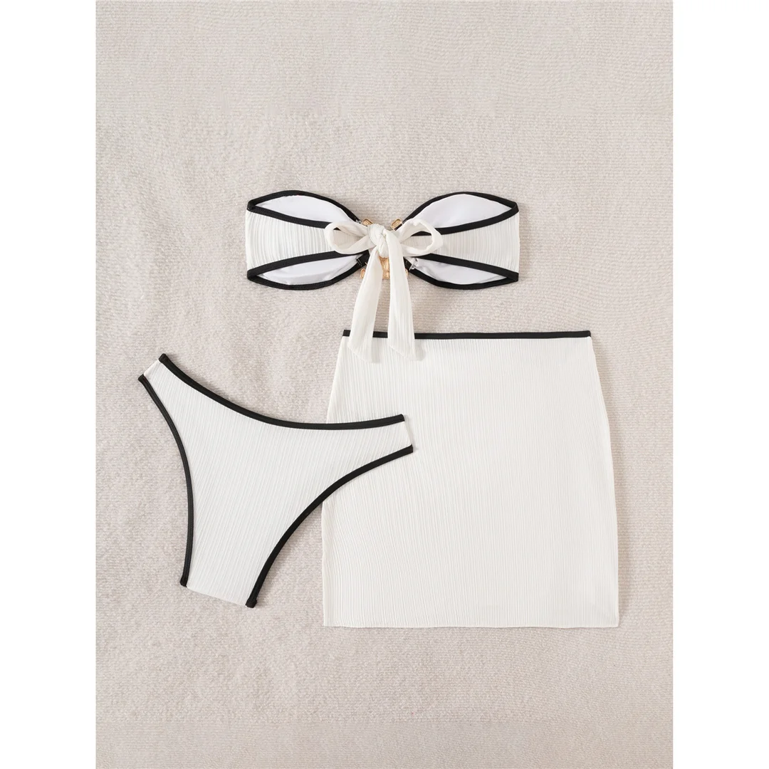 3-teiliges Set mit Rock, Bandeau-Bikini, Metallring, Damen-Badeanzug, dreiteiliger Bikini, Damen-Badebekleidung, Badeanzug, Schwimmanzug V7611 – Detail 5