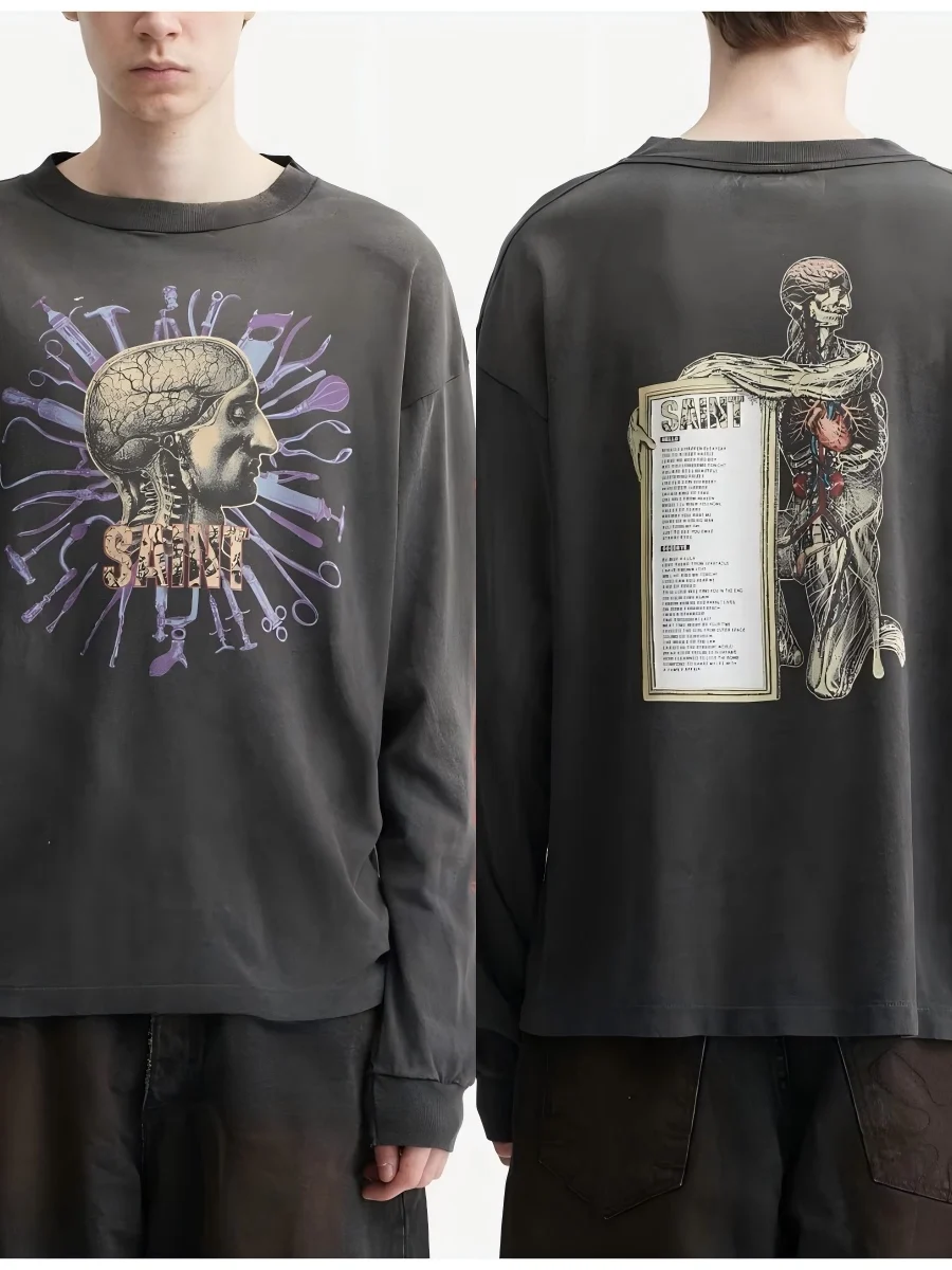 DBD Men's Long Sleeve T-Shirt Pure Cotton Washed Grey Digital Print Retro Style Sweat Absorbent Comfortable Fit for Daily Wear