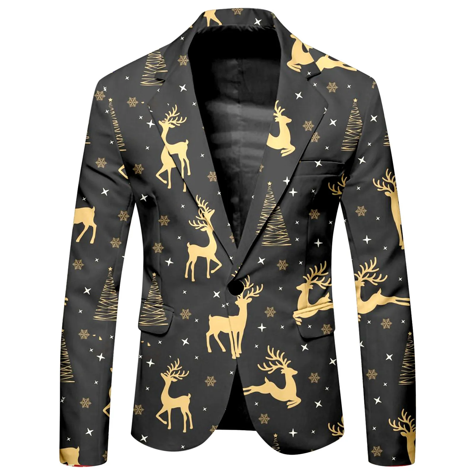 Print Reindeer Men Christmas Blazer Fashion Leisure Slim Fit Pocket Suit Jacket Casual British Style Lapel Collar Elegant Blazer